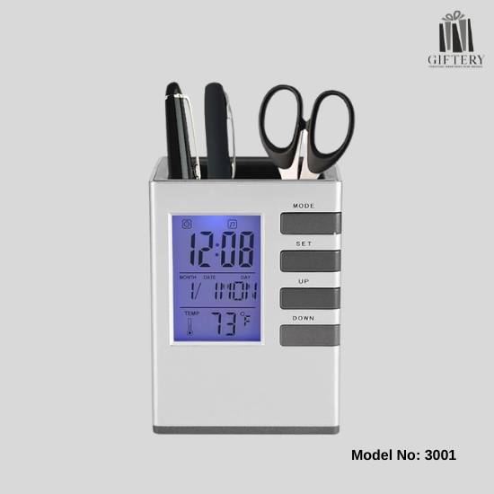 LED Desk Clock with Pen Holder & Temperature Display